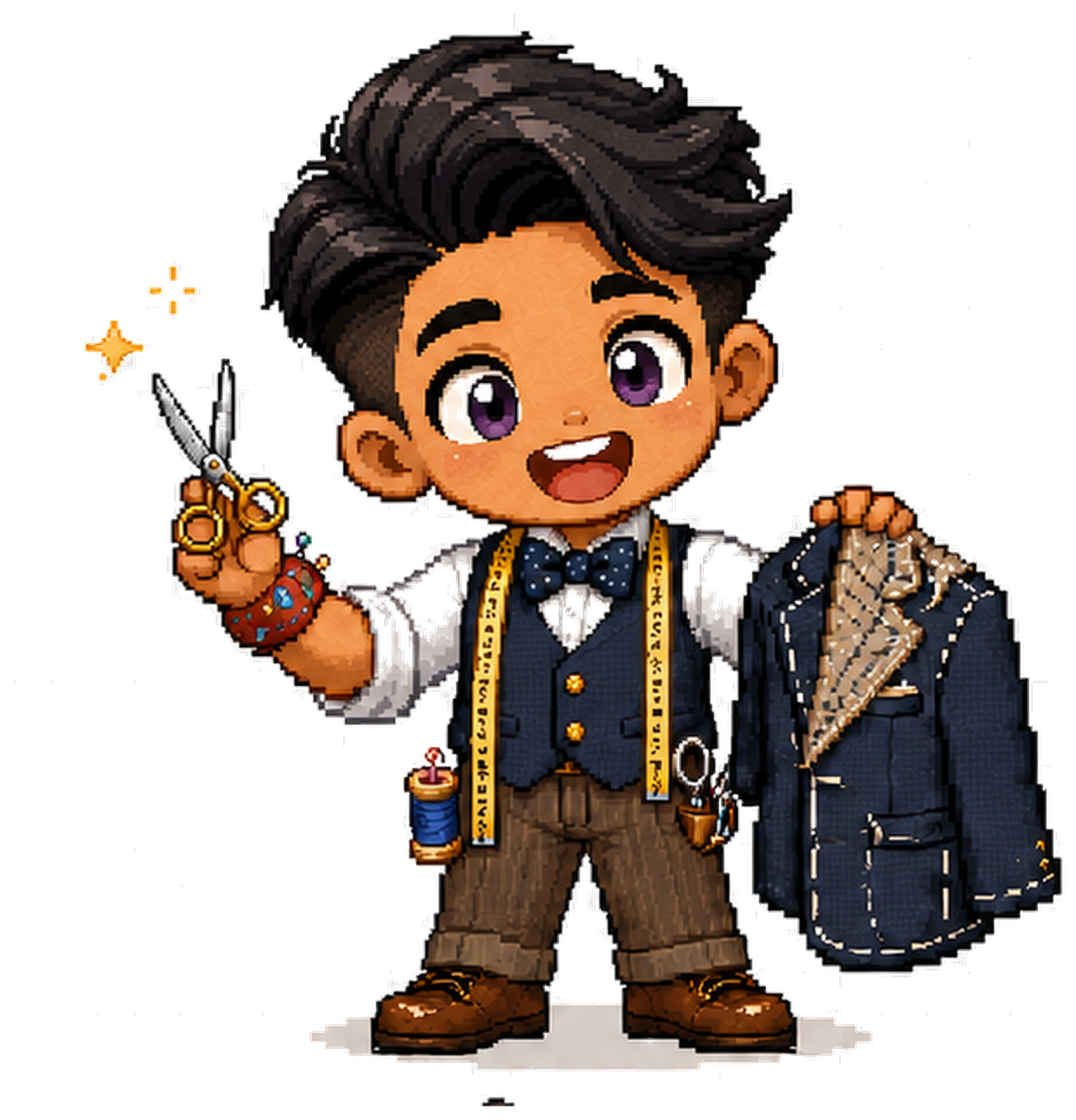 Taylor — a cheerful chibi character with scissors and a fabric swatch, ready to help find the right size